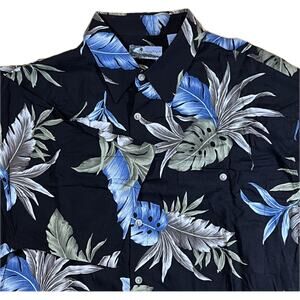 VTG Corsini Mens L Black Blue All Over Tropical Rayon Camp Short Sleeve Shirt